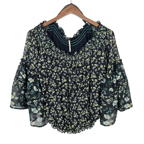 Free People Black Rose Valley Floral Off The Shoulder Cottagecore Peasant Blouse - Picture 6 of 14